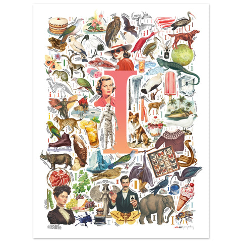 "I is for Imagination" — a Renard Roux alphabet poster with English I words (red version)