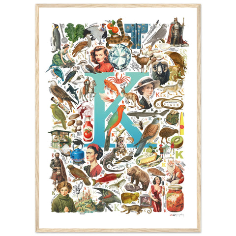 "K is for Keen" — a Renard Roux alphabet poster with English K words (turquoise version)