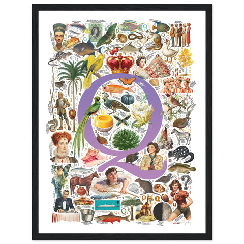 "Q is for Quest" — a Renard Roux alphabet poster with English Q words (purple version)