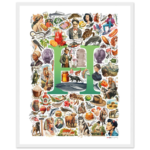"H is for Heroes" — a Renard Roux alphabet poster with English H words (green version)