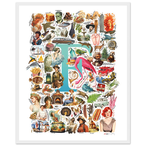 "F is for Festive" — a Renard Roux alphabet poster with English F words (turquoise version)
