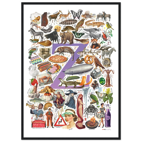 "Z is for Zenith" — a Renard Roux alphabet poster with English Z words (purple version)