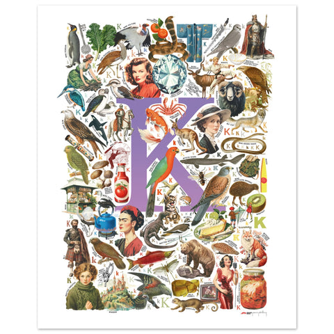 "K is for Keen" — a Renard Roux alphabet poster with English K words (purple version)