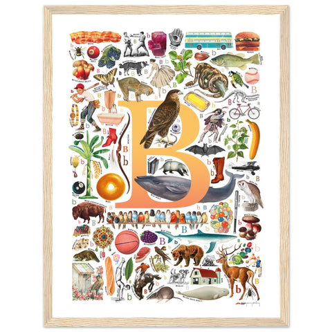 "B is for Brave" — a Renard Roux alphabet poster with English B words (yellow version)