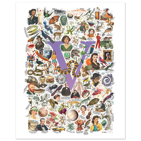 "V is for Voyage" — a Renard Roux alphabet poster with English V words (purple version)