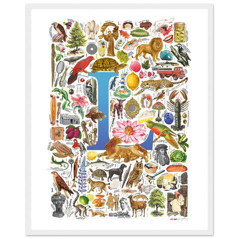 "L is for Learning" — a Renard Roux alphabet poster with English L words (blue version)