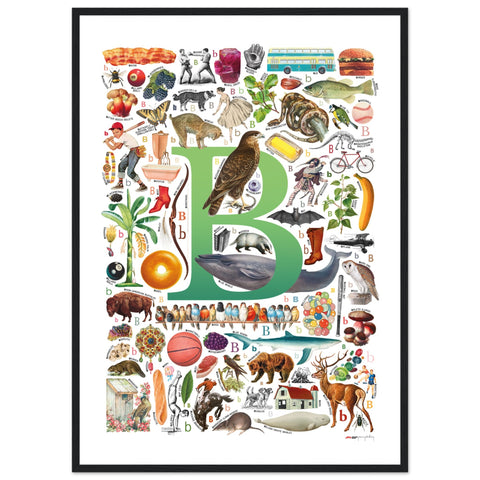 "B is for Brave" — a Renard Roux alphabet poster with English B words (green version)