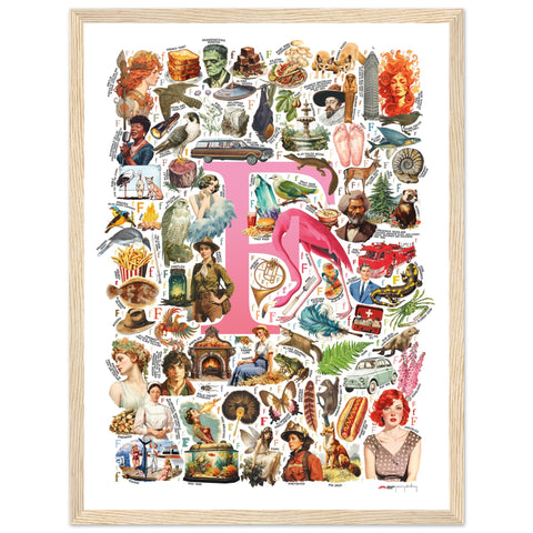 "F is for Festive" — a Renard Roux alphabet poster with English F words (pink version)