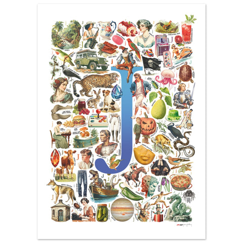 "J is for Journey" — a Renard Roux alphabet poster with English J words (blue version)