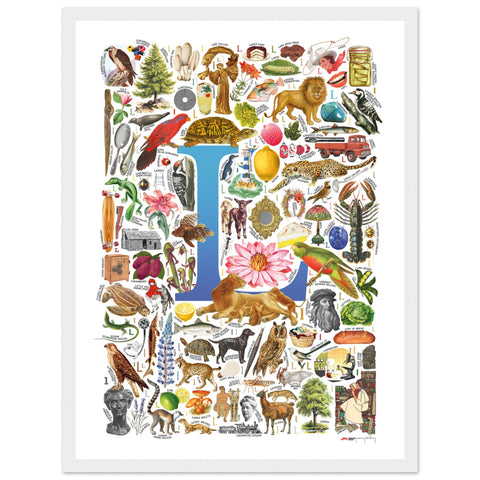 "L is for Learning" — a Renard Roux alphabet poster with English L words (blue version)