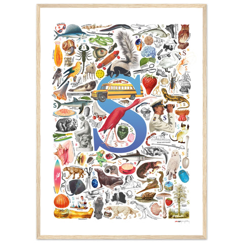 "S is for Surprise" — a Renard Roux alphabet poster with English S words (blue version)