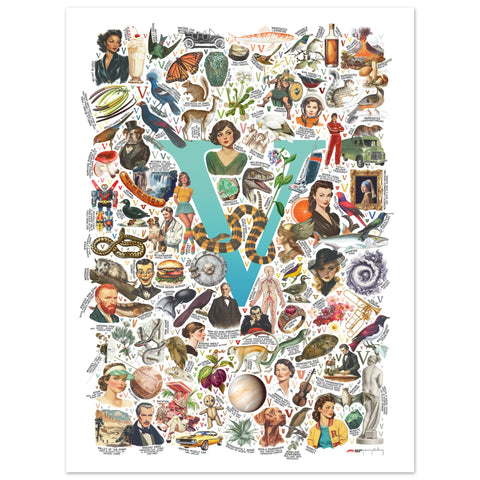 "V is for Voyage" — a Renard Roux alphabet poster with English V words (turquoise version)