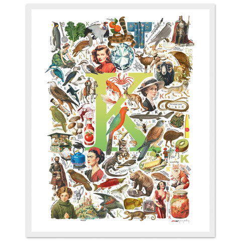 "K is for Keen" — a Renard Roux alphabet poster with English K words (chartreuse version)