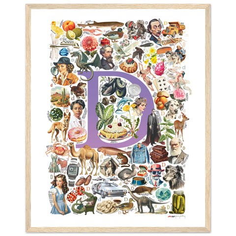 "D is for Discovery" — a Renard Roux alphabet poster with English D words (purple version)