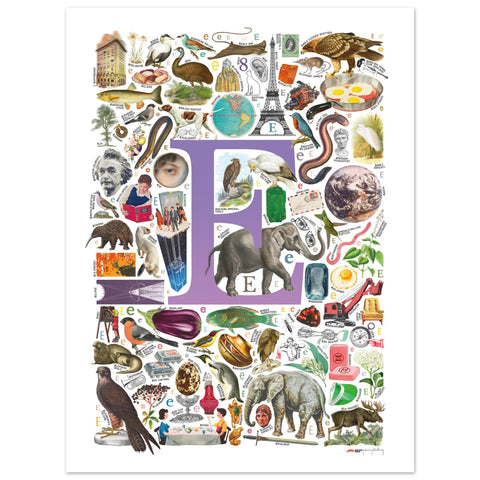"E is for Explore" — a Renard Roux alphabet poster with English E words (purple version)