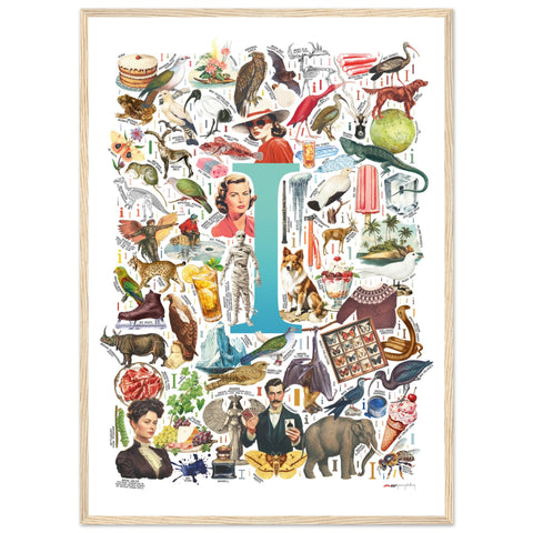 "I is for Imagination" — a Renard Roux alphabet poster with English I words (turquoise version)