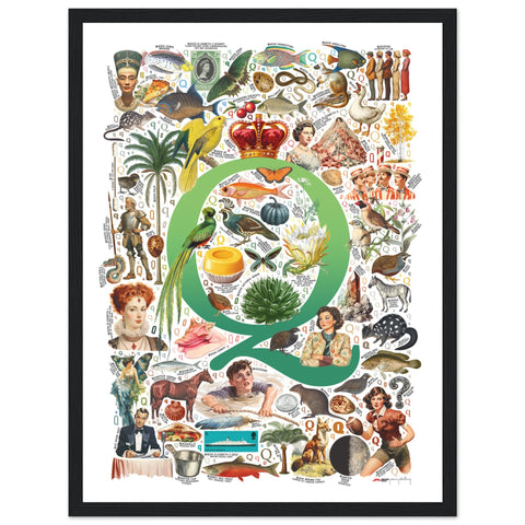 "Q is for Quest" — a Renard Roux alphabet poster with English Q words (green version)