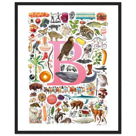 "B is for Brave" — a Renard Roux alphabet poster with English B words (pink version)