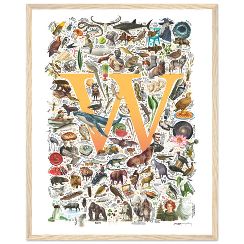 "W is for Wonder" — a Renard Roux alphabet poster with English W words (yellow version)