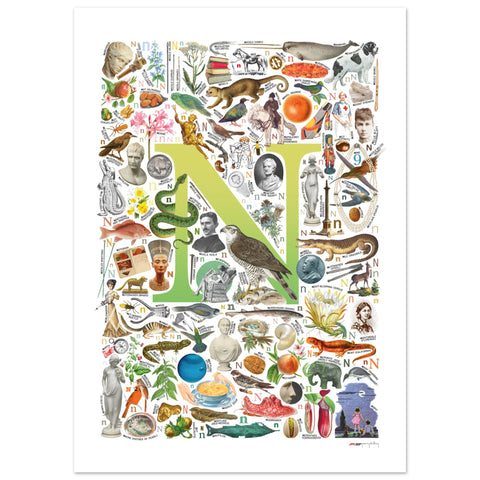 "N is for Nature" — a Renard Roux alphabet poster with English N words (chartreuse version)