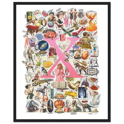 "X is for Xanadu" — a Renard Roux alphabet poster with English X words (pink version)