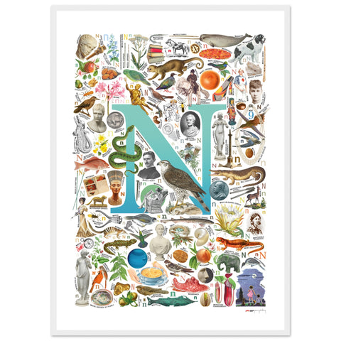 "N is for Nature" — a Renard Roux alphabet poster with English N words (turquoise version)