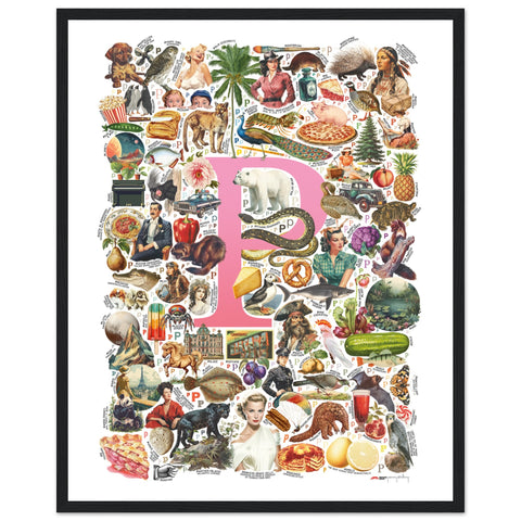 "P is for Pioneer" — a Renard Roux alphabet poster with English P words (pink version)