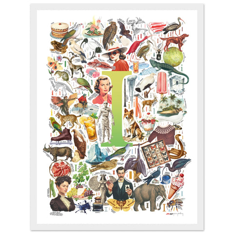 "I is for Imagination" — a Renard Roux alphabet poster with English I words (chartreuse version)