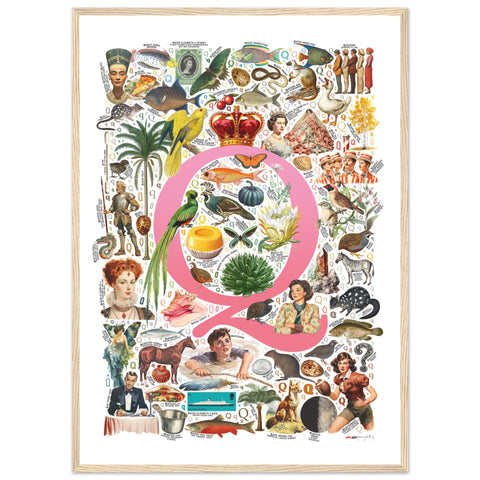 "Q is for Quest" — a Renard Roux alphabet poster with English Q words (pink version)