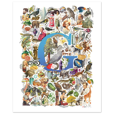 "G is for Great" — a Renard Roux alphabet poster with English G words (blue version)