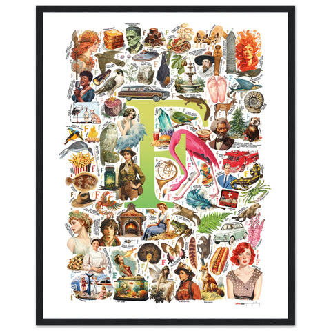 "F is for Festive" — a Renard Roux alphabet poster with English F words (chartreuse version)