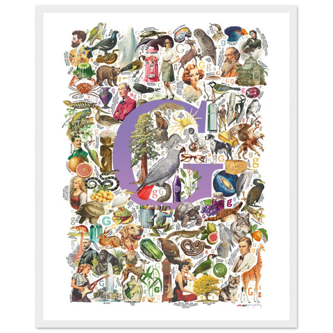 "G is for Great" — a Renard Roux alphabet poster with English G words (purple version)