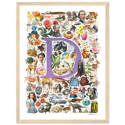 "D is for Discovery" — a Renard Roux alphabet poster with English D words (purple version)