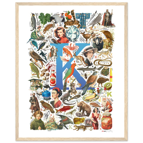 "K is for Keen" — a Renard Roux alphabet poster with English K words (blue version)