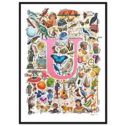 "U is for Unique" — a Renard Roux alphabet poster with English U words (pink version)