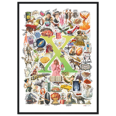 "X is for Xanadu" — a Renard Roux alphabet poster with English X words (chartreuse version)