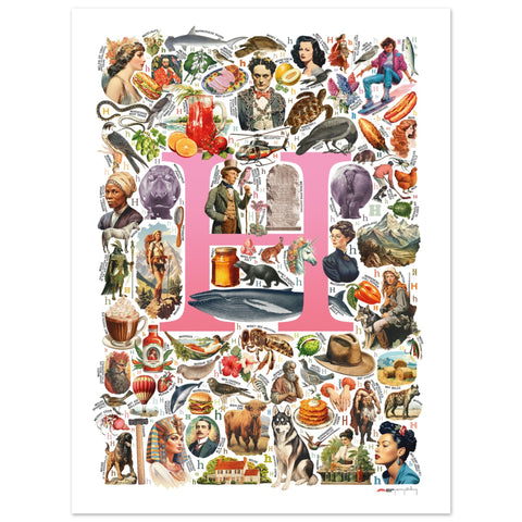 "H is for Heroes" — a Renard Roux alphabet poster with English H words (pink version)