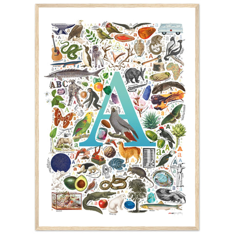 "A is for Adventure" — a Renard Roux alphabet poster with English A words (turquoise version)