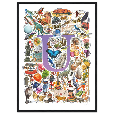 "U is for Unique" — a Renard Roux alphabet poster with English U words (purple version)