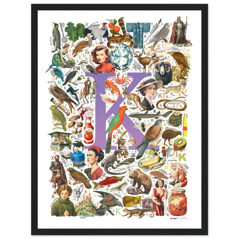 "K is for Keen" — a Renard Roux alphabet poster with English K words (purple version)