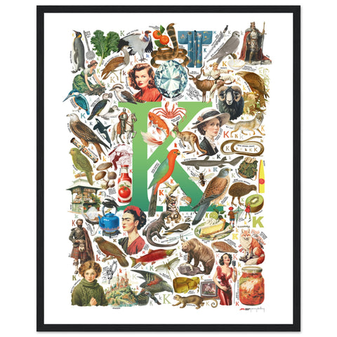 "K is for Keen" — a Renard Roux alphabet poster with English K words (green version)