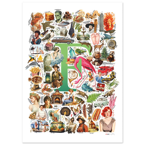 "F is for Festive" — a Renard Roux alphabet poster with English F words (green version)