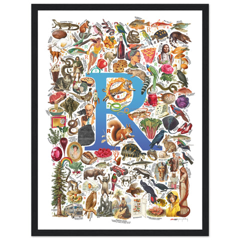 "R is for Remarkable" — a Renard Roux alphabet poster with English R words (blue version)