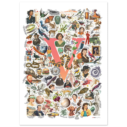 "V is for Voyage" — a Renard Roux alphabet poster with English V words (red version)