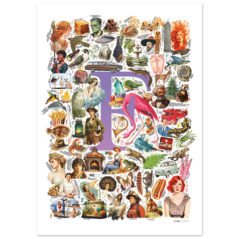 "F is for Festive" — a Renard Roux alphabet poster with English F words (purple version)