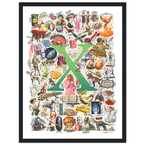 "X is for Xanadu" — a Renard Roux alphabet poster with English X words (green version)