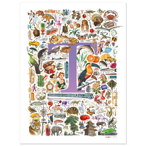 "T is for Treasure" — a Renard Roux alphabet poster with English T words (purple version)