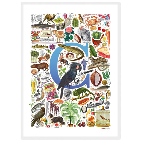 "C is for Curious" — a Renard Roux alphabet poster with English C words (blue version)