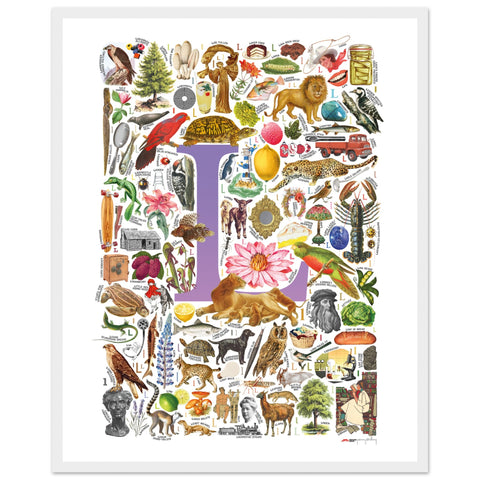 "L is for Learning" — a Renard Roux alphabet poster with English L words (purple version)