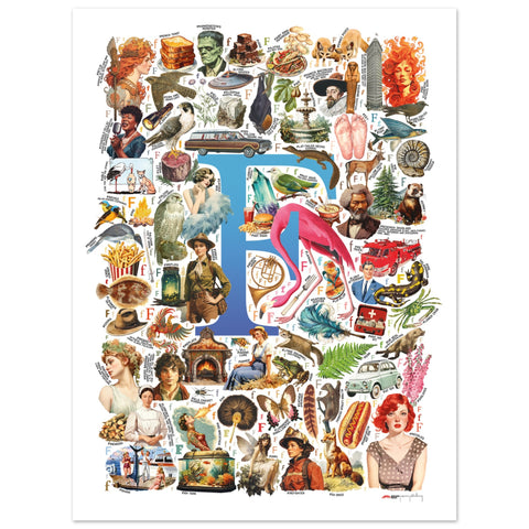 "F is for Festive" — a Renard Roux alphabet poster with English F words (blue version)